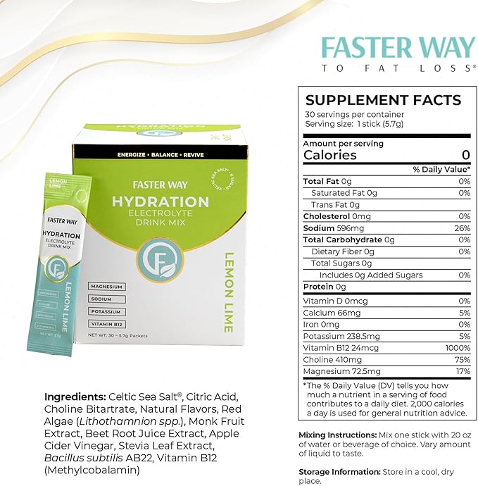 Faster Way - Hydration - Electrolyte Drink Mix - With Apple Cider Vinegar Choline Probiotics &amp Natural B Vitamins - Energize &amp Revive - Powder Packets - Zero Sugars -Gluten Free -Lemon Lime