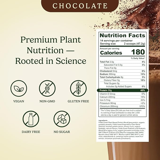 Field's Great All-in-One Plant-Based Chocolate Protein Shake Powder – Healthy Aging 30g Protein 5g Fiber + Probiotics Gut-Friendly Blood Sugar &amp Muscle Support Vegan Meal Replacement GLP1 2