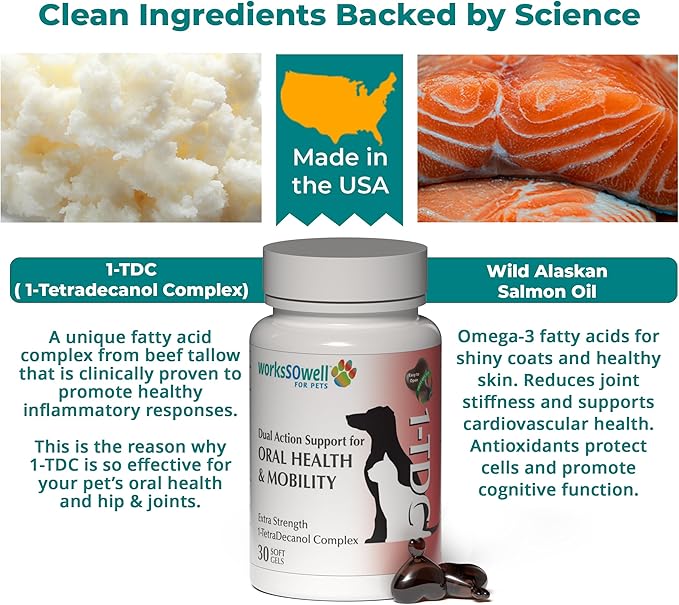 1TDC WorksSoWell Dual Action Hip and Joint Supplement for Dogs &amp Cats - for Large &amp Small Breed - Great for Oral Health Stamina Recovery &amp Arthritis Pain Relief -30 ct