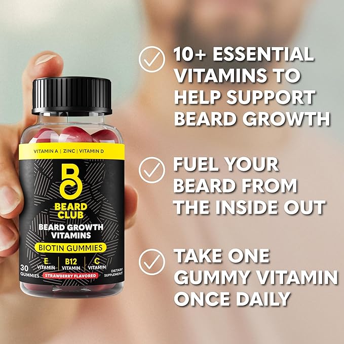 The Beard Club Biotin Beard Growth Vitamin Gummies - Hair Supplement for Men - Vitamins B12 E &amp C to Support a Thicker Fuller Looking Facial Hair - Strawberry Gummy