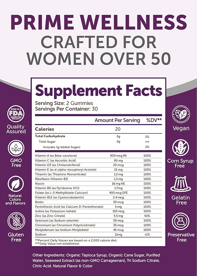 Lunakai USA Made 50 Plus Women's Multivitamin Gummies - Delicious Formula Enhanced with Essential Vitamins &amp Minerals for Health &amp Vitality - 60ct