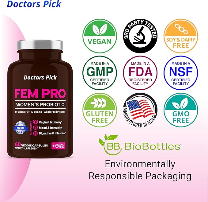 Fem Pro Probiotics for Women. 17 Clinically Effective Strains for Vaginal Digestive &amp Immune Support Urinary Tract Health pH Balance and Mood. 60 Veggie Capsules 2 Month Supply