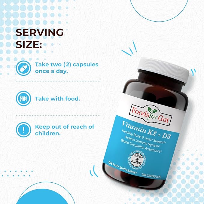 Foods For Gut Vitamin K2 (MK7) D3 &amp BioPerine® Black Pepper Extract | 120 Capsules | Free of Top Allergens | Bone Health | Mood &amp Energy Support |