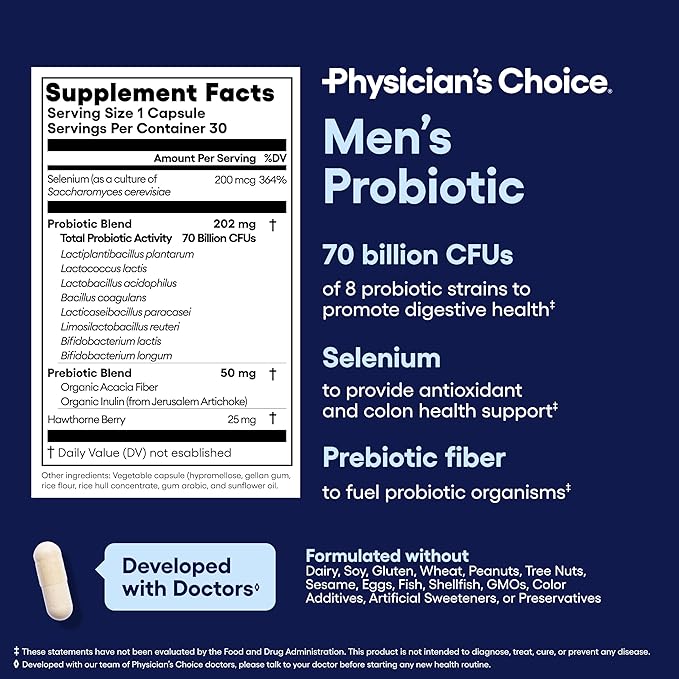 Physician's Choice Probiotics for Men - 70 Billion CFU - 8 Strains - w/Selenium &amp Organic Prebiotics - Supports Digestive Health Microbiome Colon &amp Immune Health - Advanced Men's Probiotic