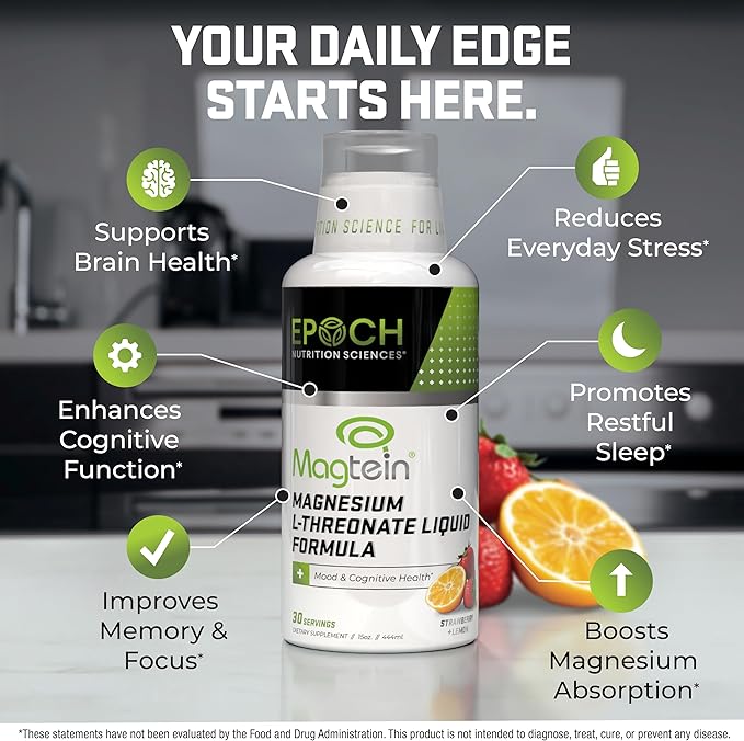 Magtein® Magnesium L-Threonate Liquid – 2000mg for Brain Health Mood &amp Sleep – Fast-Absorbing Liquid No Pills or Droppers – Strawberry Lemon Flavor – 30 Servings – Epoch Nutrition