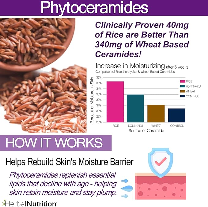 Phytoceramides Rice Based with Biotin Anti Aging Supplement Wrinkle Remover and Facial Moisturizing with Phytoceramides Vitamin A C D and E Two Bottle Pack 120 Capsules 40mg Gluten Free
