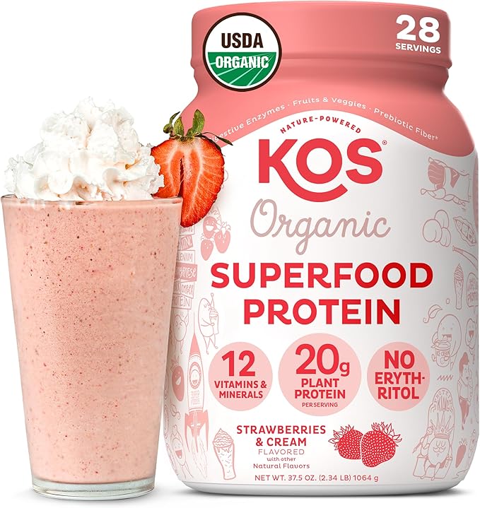 KOS Vegan Protein Powder Strawberries &amp Cream USDA Organic - Low Carb Pea Protein Blend Plant Based Superfood with Vitamins &amp Minerals Gluten Free - Meal Replacement for Women &amp Men - 2