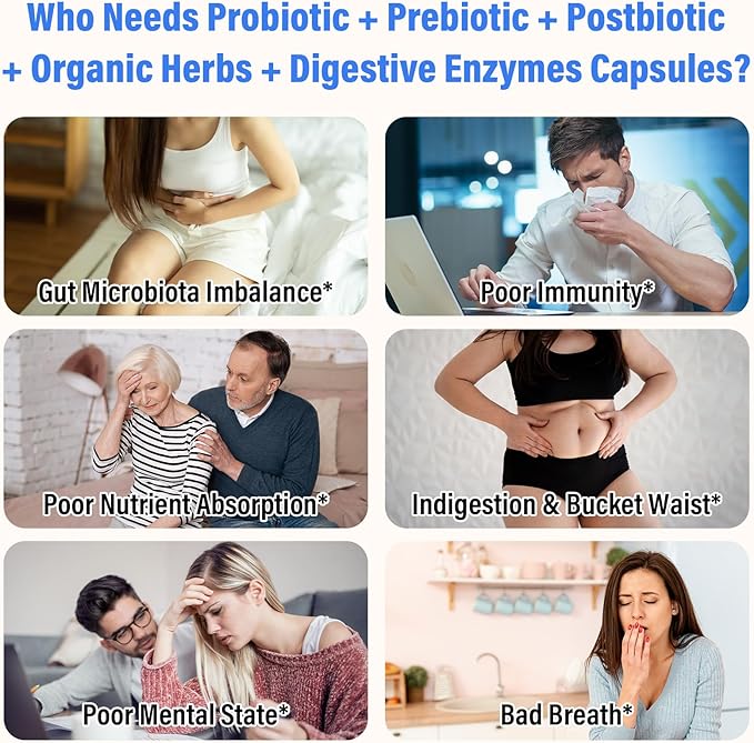 (180 Capsules) Probiotics for Women &amp Men 5-in-1 Probiotic Prebiotic Postbiotic Organic Herbs &amp 16 Digestive Enzymes Blend 300 Billion CFU Complete Gut Health Digestive Health &amp Imm
