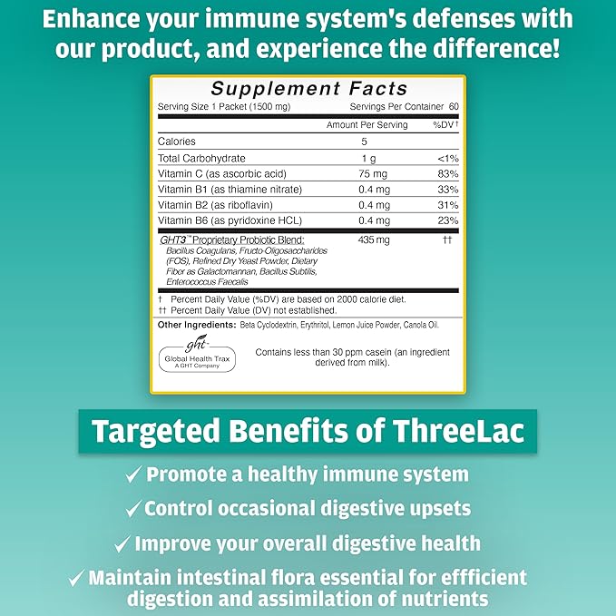 Global Health Trax ThreeLac Lemon Probiotic Drink Mix for Digestive Health - Advanced Probiotic Powder Formula for Men Women and Kids - Immune Support &amp Gut Balance Non-GMO - 120 Packets