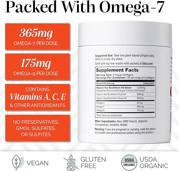 sibu Sea Buckthorn Omega-7 Softgels (30-Day Refill Sachet) – Supplement for Healthy Skin Hair Nails and Dryness