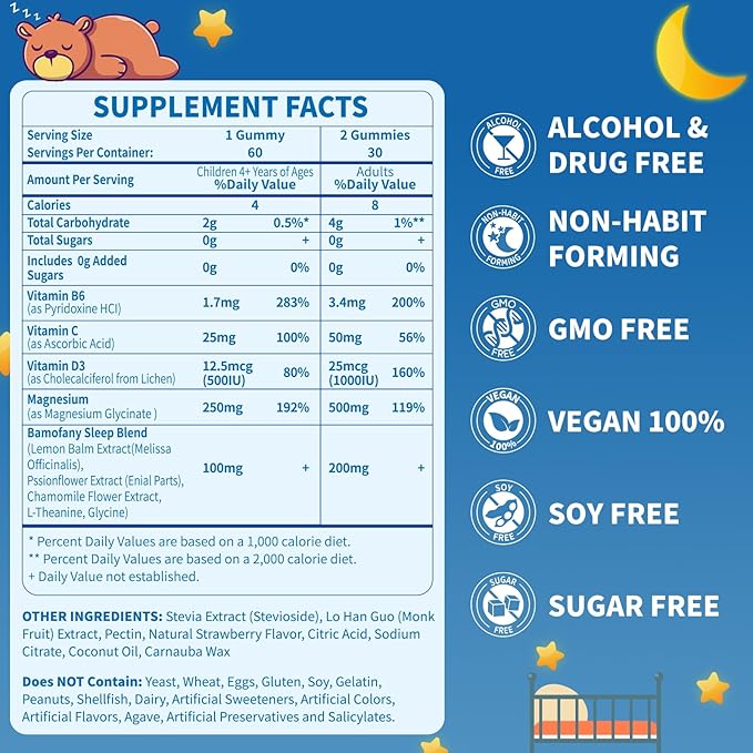 Kids Magnesium Glycinate Gummies 250/500mg - 120 Count Double Pack - Sugar Free Calm &amp Sleep Support for Kid with Vitamin D3 B6 &amp L-Theanine - Melatonin Free - Vegan (250mg Per Gummy)