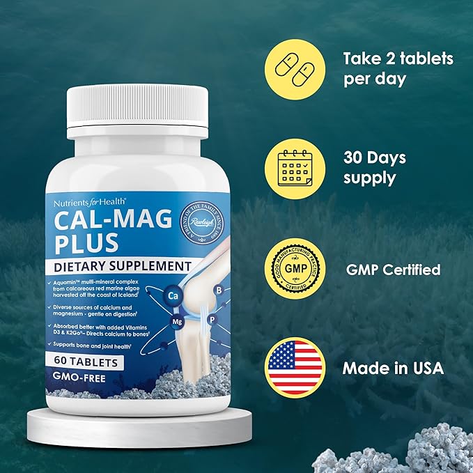 Rawleigh Cal-Mag Plus: 60 Tablets 600mg Calcium 250mg Magnesium Aquamin Vitamin D3 &amp K2 Boron Phosphorus 7 Forms of Calcium &amp 5 Forms of Magnesium High Absorption Bone &amp Joint Supp