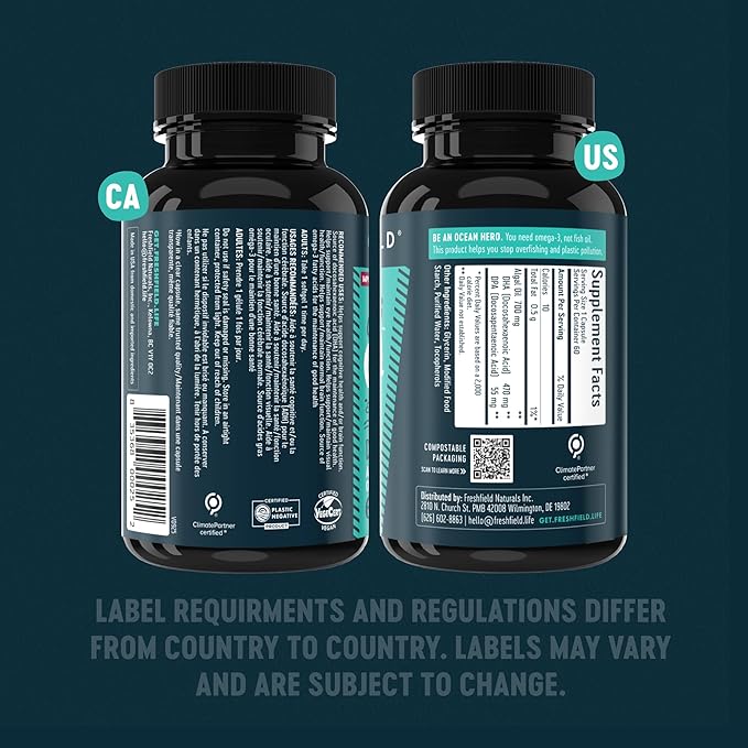 Freshfield Omega 3 DHA Supplements Potent 1 per Day Formula Algae (Algal) Oil Vegan Omega Ocean Saving Fish Oil Alt Sustainable Concentrated DHA per Capsule w/DPA