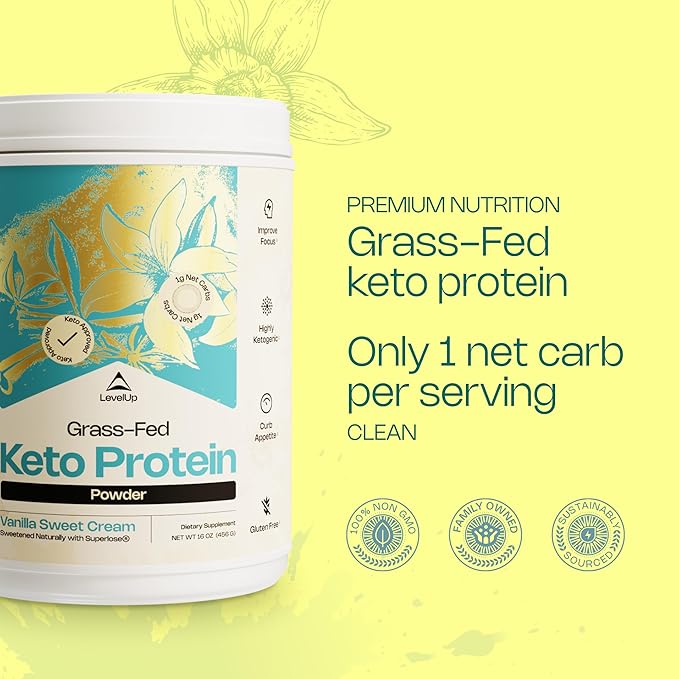 LevelUp Keto Protein with Collagen Peptides Energizing MCT Whey Isolate Protein Ketogenic Protein Powder Supplement - Vanilla Sweet Cream