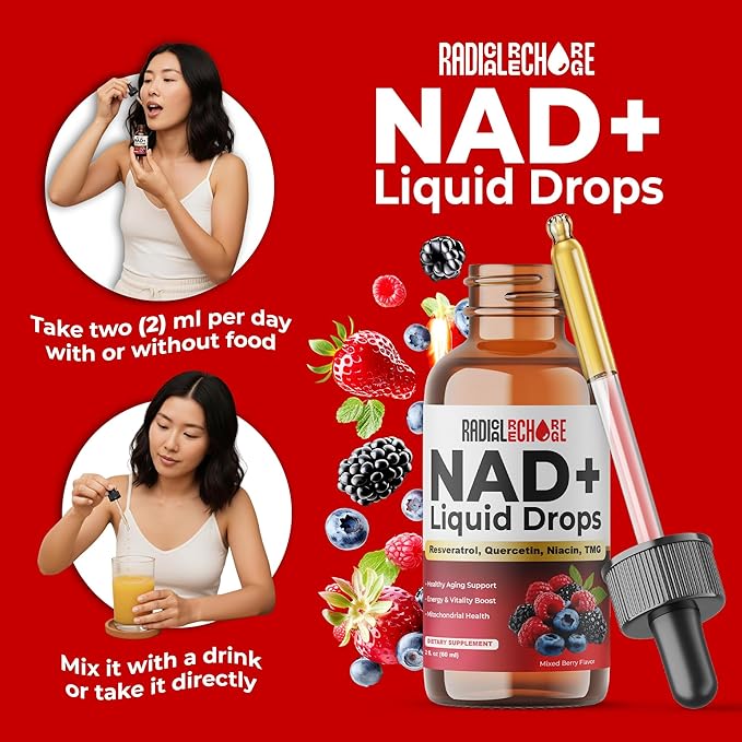 NAD+ Liquid Drops – with Resveratrol Quercetin Niacin &amp TMG – 10-in-1 Nutrient Support Formula for Cellular Energy &amp Wellness – Mixed Berry Flavor – 2 fl oz