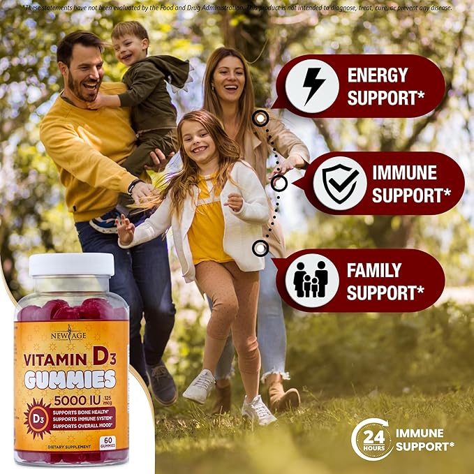 NEW AGE Vitamin D3 5000 IU 125mcg Gummies - Immune Supplement - Non-GMO Gluten-Free Dairy-Free No Gelatin (60 Gummies (Pack of 1))