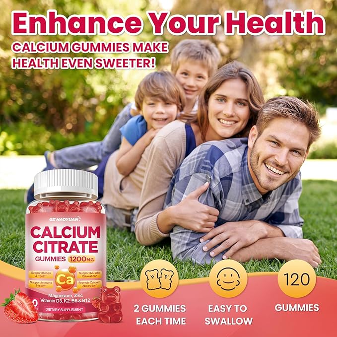 Calcium Citrate Gummies - 1200mg Calcium Gummies Supplements for Women &amp Men with Vitamin D3 K2 Magnesium Zinc High Absorption for Bone Muscle &amp Immune Support Strawberry Flavor 120 Coun