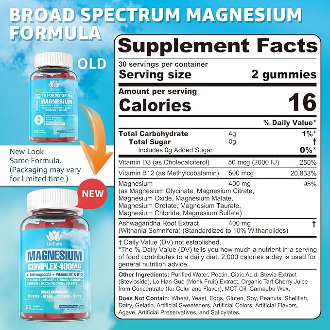 Sugar Free Magnesium Complex for Women Calm Magnesium Gummies for Adults 400mg Magnesium Glycinate Citrate Malate &amp More- Magnesium Gummy with Magnesium Ashwagandha D3 B12 for Relax Calm V