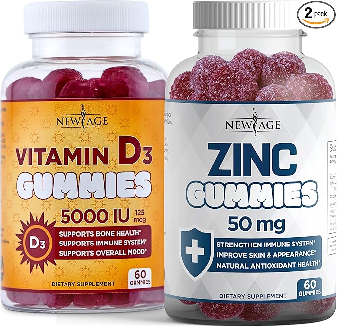 NEW AGE Immune Defense Combo - 2 Pack - Vitamin D3 Gummies 5000 IU 125mcg &amp High Potency Zinc Gummies Immune Booster 120 Count