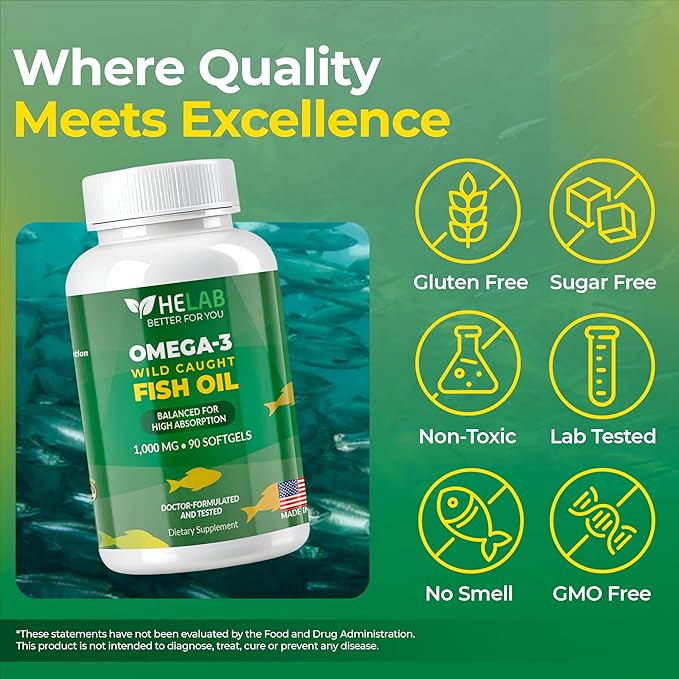 Omega 3 Fish Oil Supplementt (90 Count) Wild Caught Omega3 Fish Oil High EPA DHA Rich in Fatty Acid | Omega-3 Supplements for Women &amp Men | Purified Omega3 Fatty Acid Non-GMO Burpless Softgels