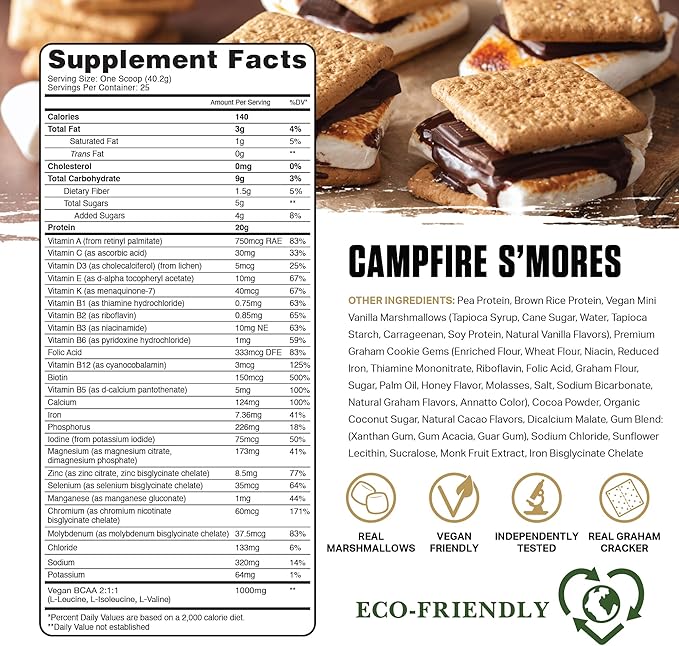 Ambrosia Planta - Plant-Based Protein Powder 20g | Dairy Free Vegan Protein Powder with BCAA Amino Acids | Keto-Friendly No Added Sugar | 25 Servings | Campfire Smores