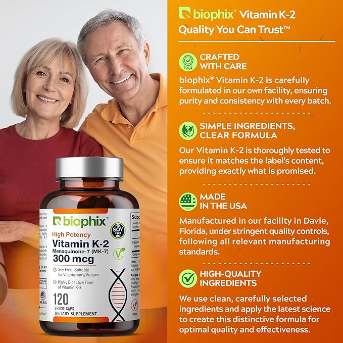 biophix Vitamin K2 MK-7 300mcg 120 Vegan Capsules – High-Potency Supplement for Bone Strength and Immune Health