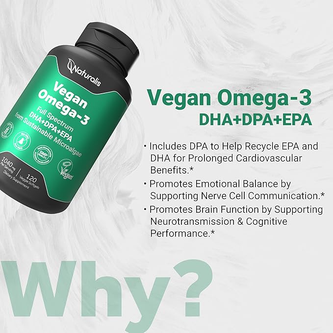 Naturalis Vegan Omega 3 DHA EPA &amp DPA from Algae | Vegan Society Certified Sustainably Sourced True Full Spectrum | 120 Veggie Softgels (Carrageenan Free)