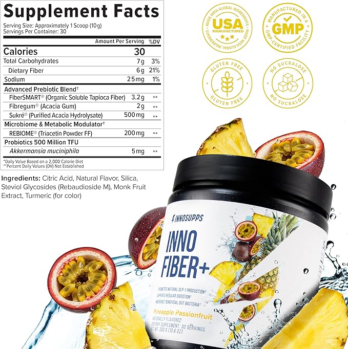 Inno Fiber+ Daily Fiber Supplement for Women and Men 3-in-1 Pre + Pro + Postbiotic Formula Supports Digestive Health Gut Comfort &amp Fullness Easy-Mix Soluble Fiber Powder (Pineapple Passionfrui