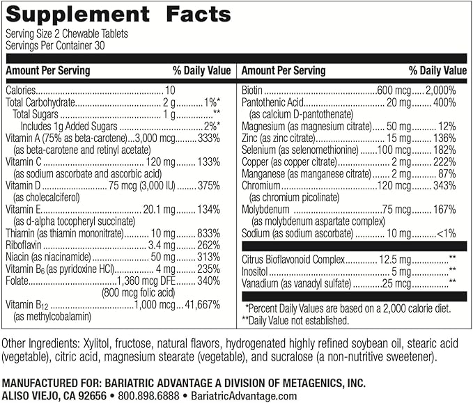 Bariatric Advantage Chewable Essential Multivitamin Without Iron - 200 DV of Key Nutrients - Trace Mineral Support* - Multivitamins for Bariatric Patients - Berry - 60 Count