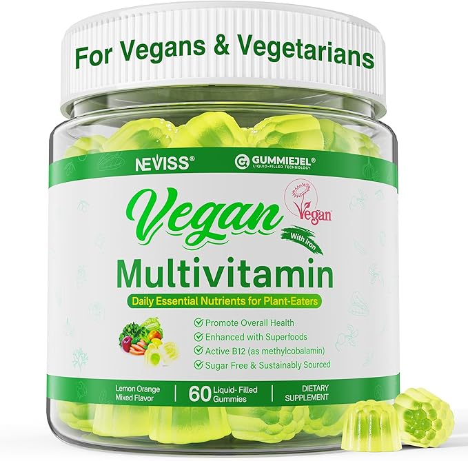 NEVISS Vegan Multivitamin for Women &amp Men w/Methyl B12 D3 K2 Plant Based Omega 3 (DHA+EPA) Iron Choline Zinc Whole Food Daily Vitamins Gummies for Vegans &amp Vegetarians Sugar Free 60Cts