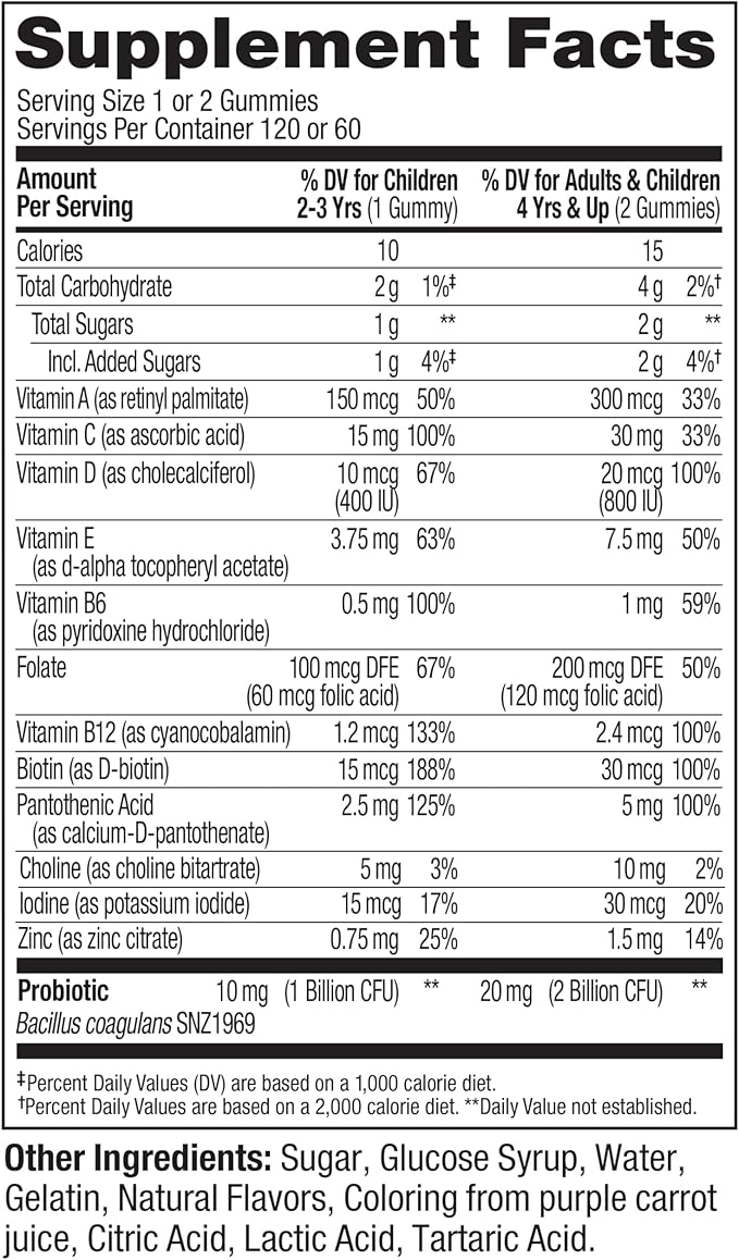 OLLY Kids Multivitamin &amp Probiotic GummyDigestive SupportVitamins ADCEBZincChewable SupplementBerry Flavor60 Day Supply -120 Count (Pack of 2)
