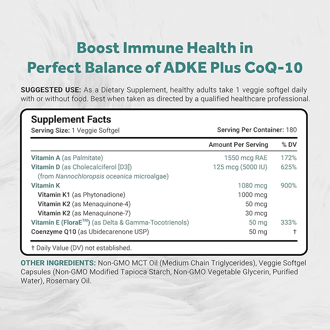 Naturalis Vegan Vitamin ADK with 50mg Tocotrienol and CoQ-10 | Nano-Emulsified in EVOO for Better Absoprtion | Non-GMO Soy Free and Vegan Society Certified | 180 Veggie Softgels (Carrageenan Free)