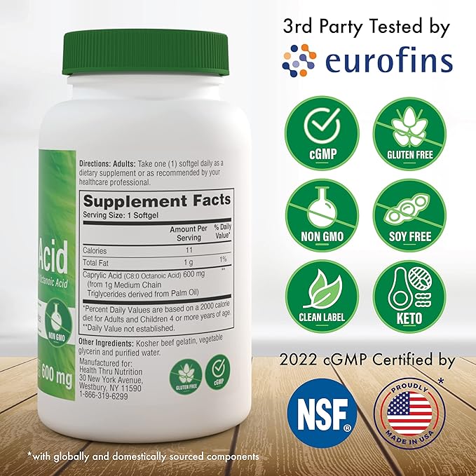 Health Thru Nutrition Caprylic Acid 600mg 200 Softgels | C8 Octanoic Acid from Pure 1g MCT Oil | Non-GMO &amp Soy Free | Support Healthy Digestive and Intestinal Health | Keto Friendly