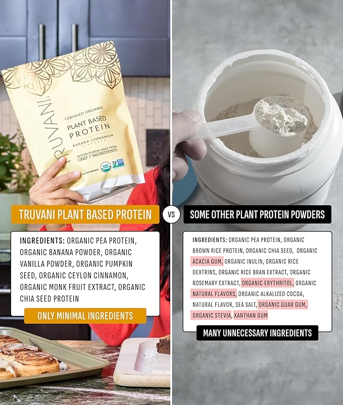 Truvani Vegan Pea Protein Powder | Banana Cinnamon | 20g Organic Plant Based Protein | Single Serving Travel Packets | 10 Servings | Keto | Gluten &amp Dairy Free | Low Carb | No Added Sugar