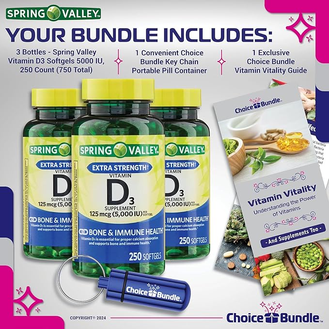 Spring Valley Vitamin D3 Softgels 125 mcg 5000 IU 250 Ct 3 pk (750 Total) + Vitamin Vitality &amp Pill Container (5 Items)!