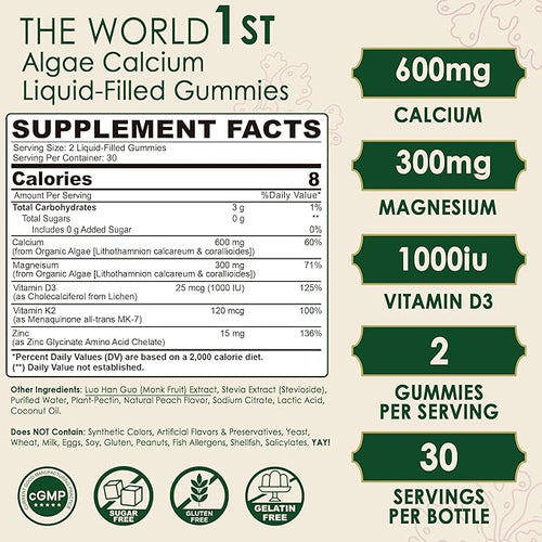 2 Pack - Plant Based Calcium Gummies 600mg with Vitamin D3 K2 Magnesium Zinc for Bone Strength Sugar Free Calcium Supplements for Women &amp Men (Certified Vegan) from Sustainably Organic Red Alga