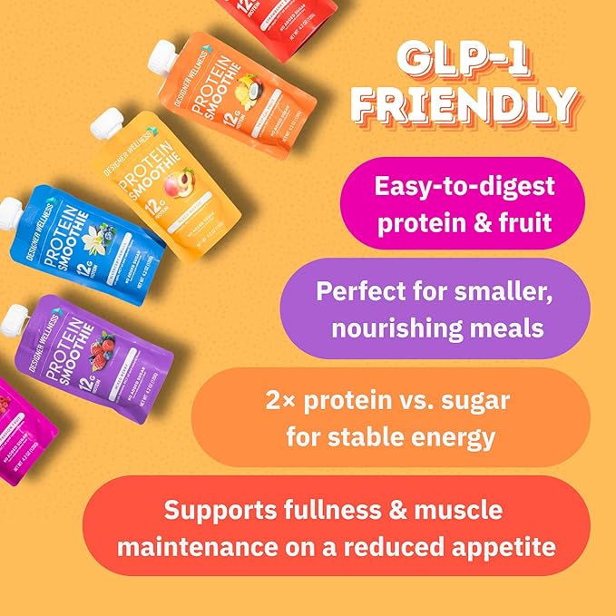 Designer Wellness Protein Smoothie Real Fruit 12g Protein Low Carb Zero Added Sugar Gluten-Free Non-GMO No Artificial Colors or Flavors Variety Pack 12 Count