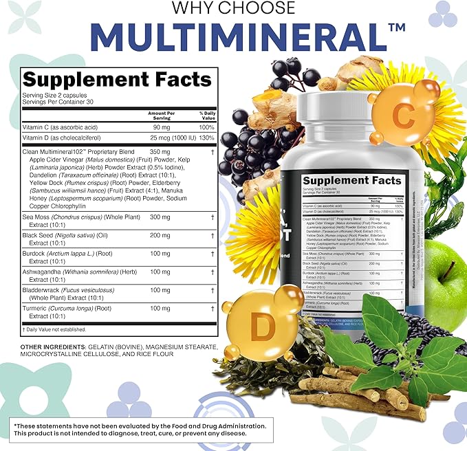 Clean Nutraceuticals Sea Moss Black Seed Oil Ashwagandha Turmeric Bladderwrack Burdock &amp Vitamin C Vitamin D3 with Elderberry Manuka Dandelion Yellow Dock Iodine Chlorophyll ACV