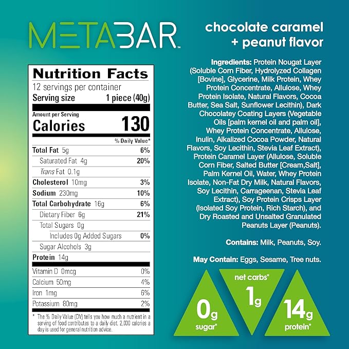 *NEW* No Sugar META BAR - High Protein Energy Bars 0g Sugar 14g Protein Low Net Carb Chocolate Caramel &amp Peanut - Grab &amp Go Protein Snack Bars with Six Layers of Decedent Delight - Gluten