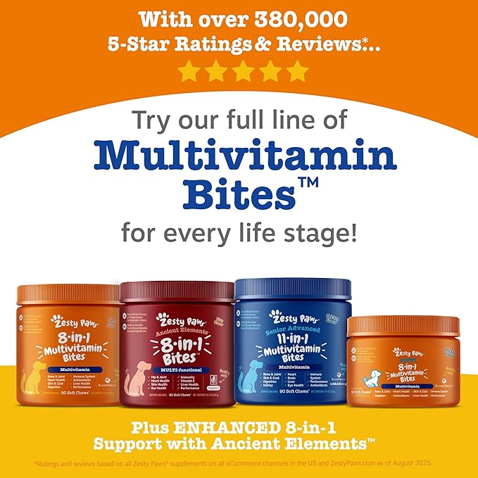 Zesty Paws 10-in-1 Dog Multivitamin - Gut Immune Joint Skin &amp Coat Support and More - Dog Vitamins and Supplements Powder - Pet Supplements with Omega Fish Oil &amp VitaFiber - Salmon - 30 Ct