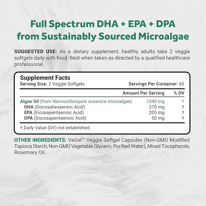 Naturalis Vegan Omega 3 DHA EPA &amp DPA from Algae | Vegan Society Certified Sustainably Sourced True Full Spectrum | 120 Veggie Softgels (Carrageenan Free)
