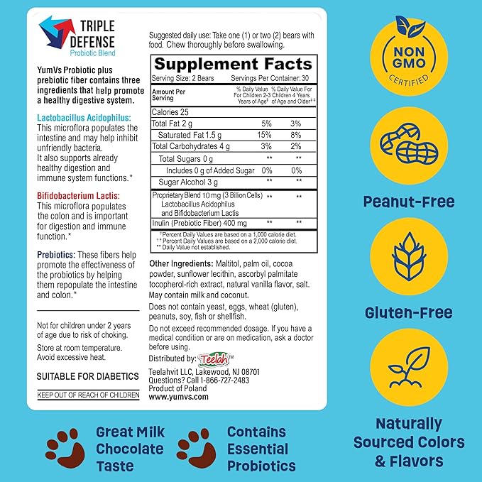 YUM-V'S Probiotics &amp Multivitamin Bundle for Kids – Probiotic with Prebiotic Fiber Chocolate Bears + Multivitamin &amp Multimineral with Iron Chewables – Digestive Immune &amp Overall Health Su
