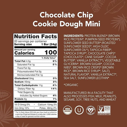 ALOHA Organic Plant Based Protein Bar MINIS |Chocolate Chip Cookie Dough| 20 Count 24g Bars | Vegan Low Sugar Gluten Free Paleo Low Carb Non-GMO Stevia Free Soy Free No Sugar Alcohols