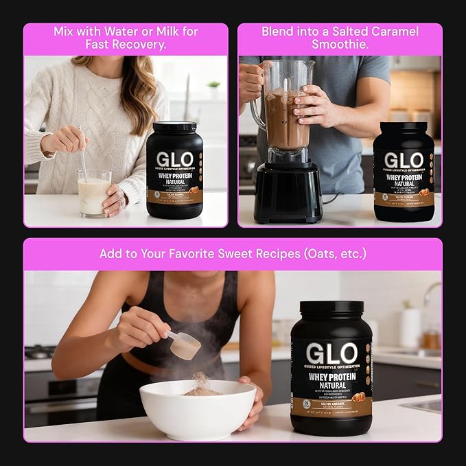 GLO Health Foods Cold-Processed Whey Protein - Salted Caramel Flavor - 24g Protein per Serving - Whey with Digestive Enzymes &amp BCAAs - Supports Muscle Growth Strength &amp Recovery - 2 LB (28 Se