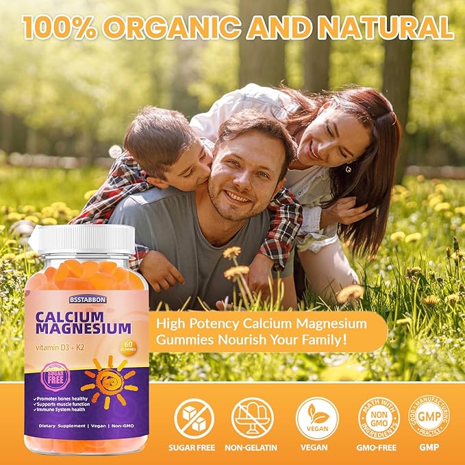 Calcium Magnesium Gummies for Adult: with Zinc Vitamin D3 K2 for Women Men Organic Sugar Free Vegan Chewable Gummy - High Absorption for Immune Strength（60count