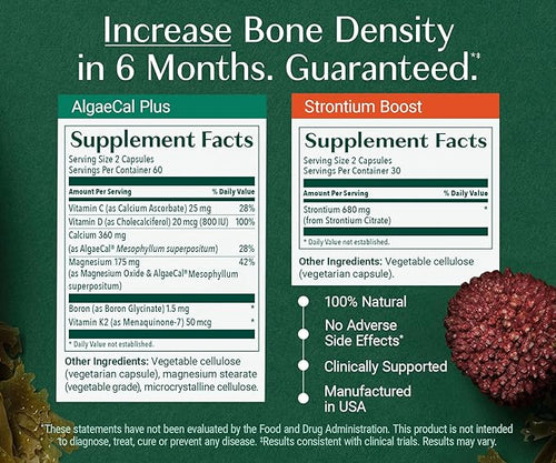 AlgaeCal - Bone Builder Pack for Bone Density Increase Clinically Supported Plant Based Calcium Supplement &amp Strontium Vitamins K2 (100mg) D3 (1600 IU) Magnesium &amp 16 Essential nutrients