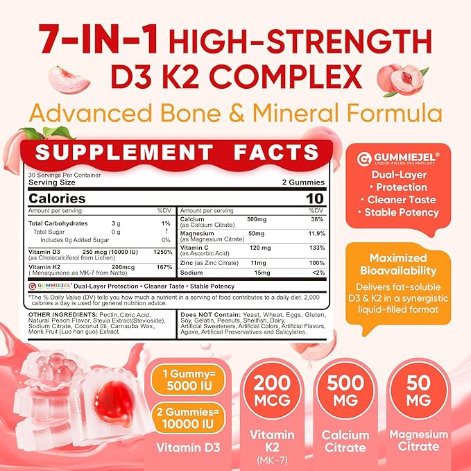Vitamin D3 K2 Gummies 5000IU / 10000 IU with 500mg Calcium + K2(MK-7) 200mcg Magnesium Vitamin C &amp Zinc Extra Strength - Ultimate Absorbency for Bones Muscles Teeth Vegan 60 Count (Pack of