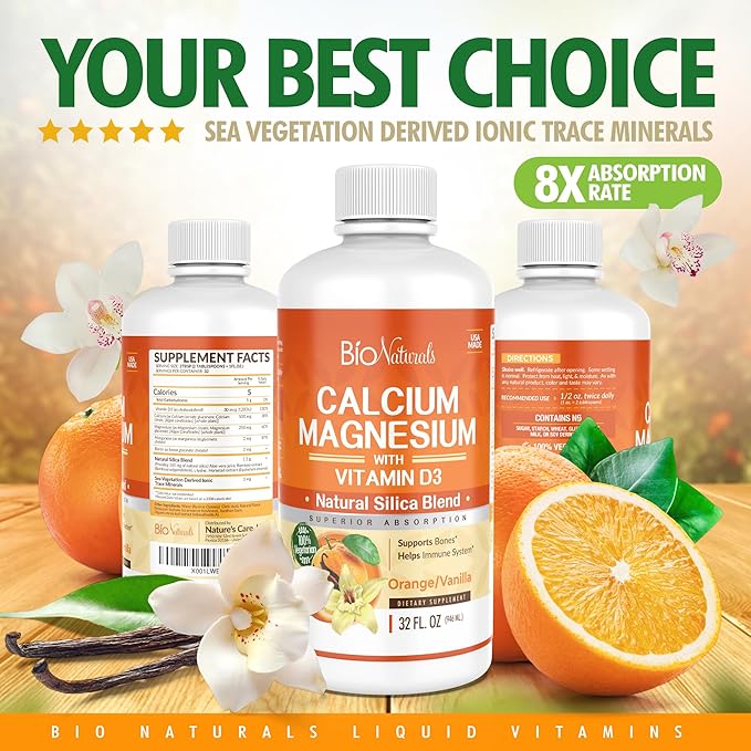 Bio Naturals Calcium &amp Magnesium Liquid Supplement with Vitamin D3 - Natural Formula FOUR Types of Calcium Supports Strong Bones with Superior Absorption to Pills - 100% Vegetarian - 32 fl oz