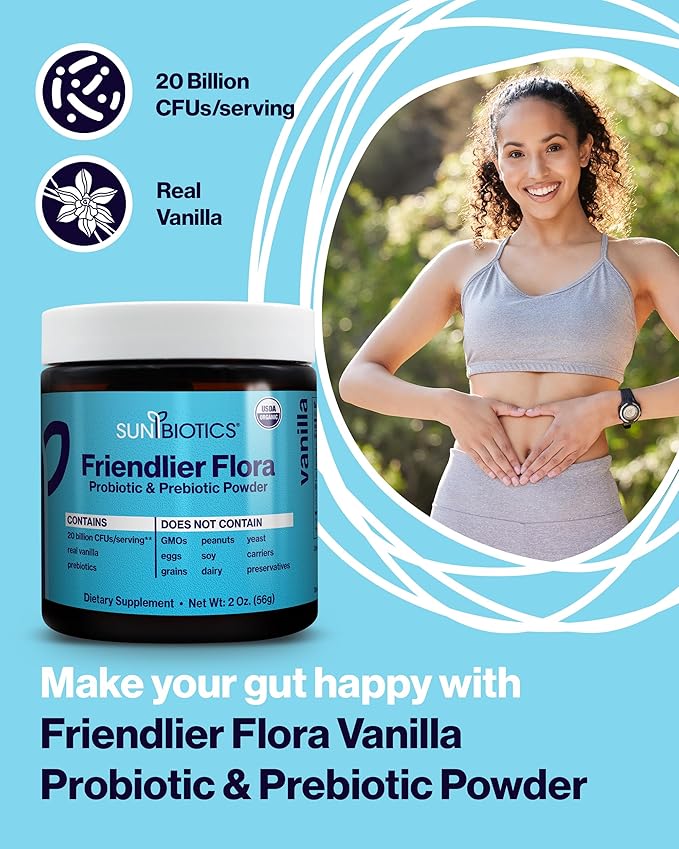 SUNBIOTICS Friendlier Flora - Prebiotic &amp Probiotic Powder for Women &amp Men with 20 Billion CFUs of 4 Probiotic Strains for Good Gut Flora Immune System &amp Balanced Microbiome - Vanilla 2