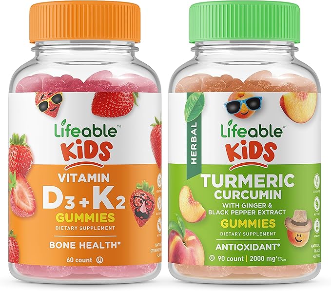 Lifeable Vitamin D3 + Vitamin K2 Kids + Turmeric Curcumin Kids Gummies Bundle - Great Tasting Vitamin Supplement Gluten Free GMO Free Chewable Gummy